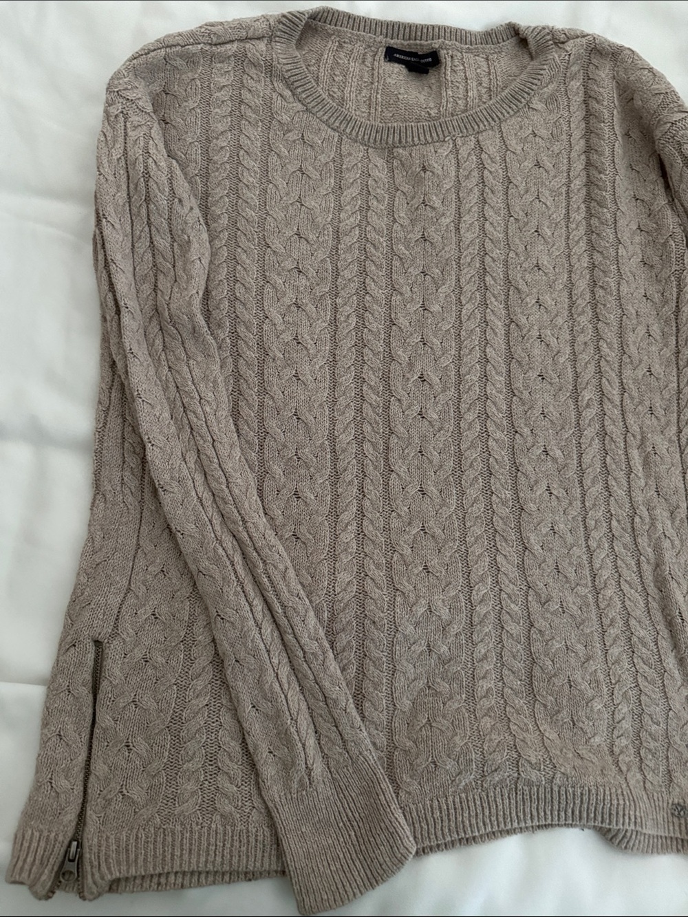 American Eagle Outfitters Taupe Cable Knit Crewneck Sweater